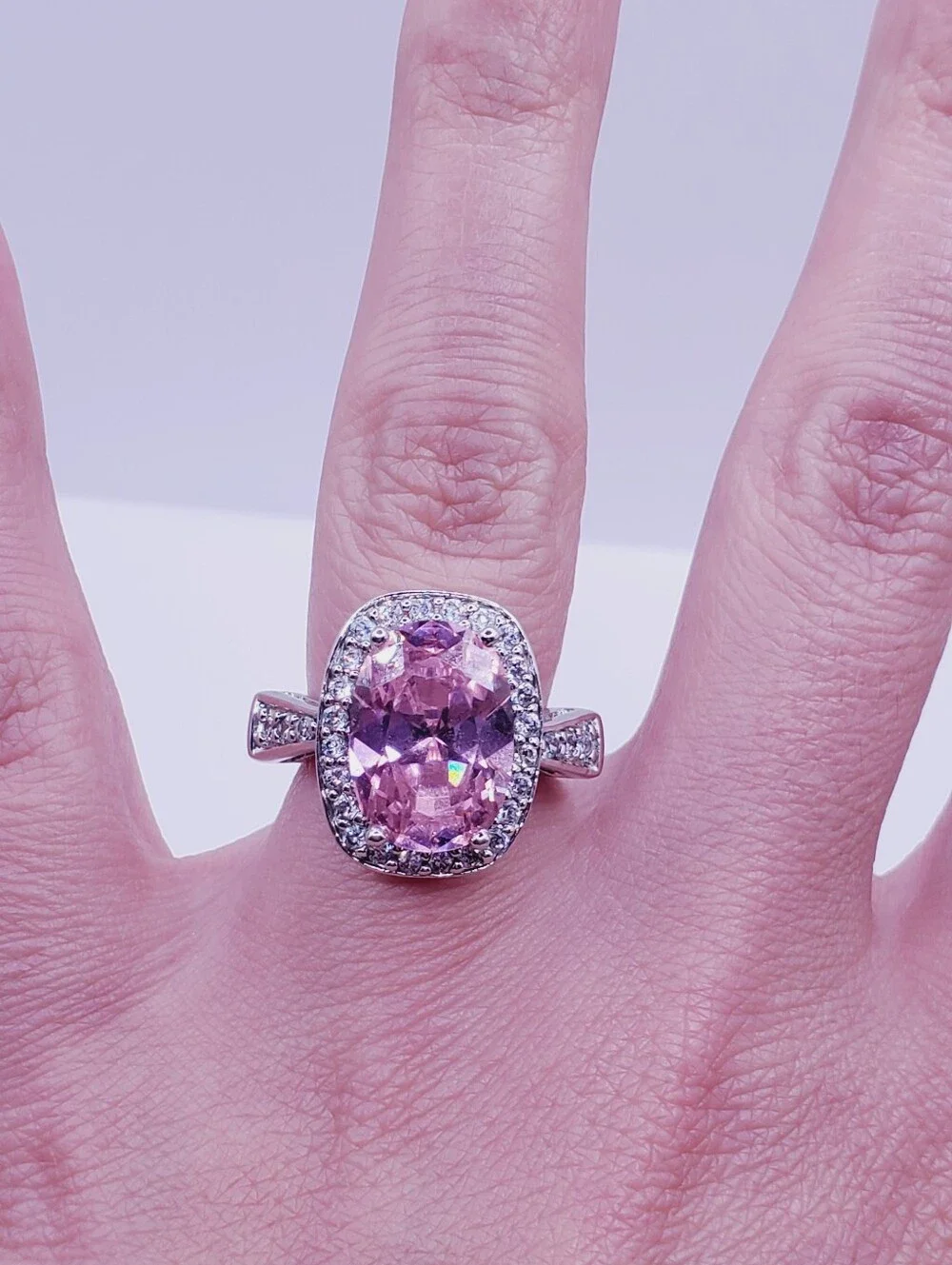 Pink Oval Halo Cocktail Ring in Silver Tone